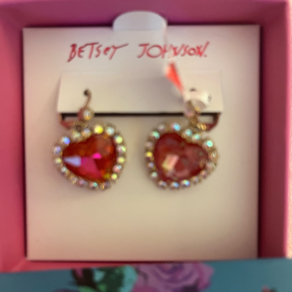 Betsey Johnson Red Heart Earrings with Gold Trim
